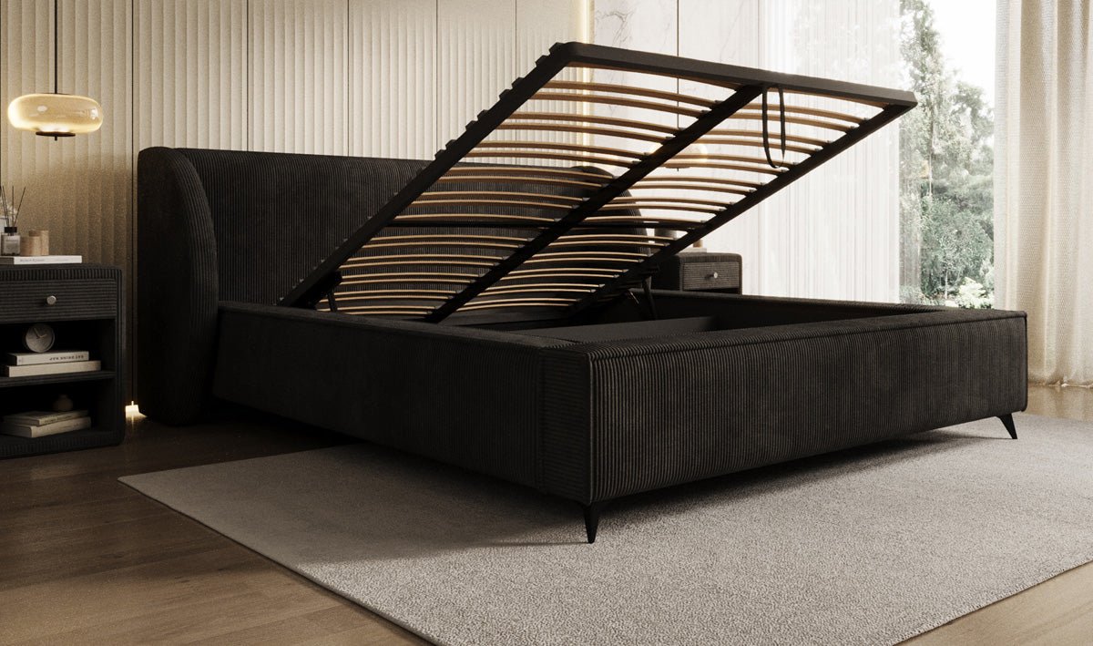 Designer-Polsterbett Freya Cord mat Späicherplaz