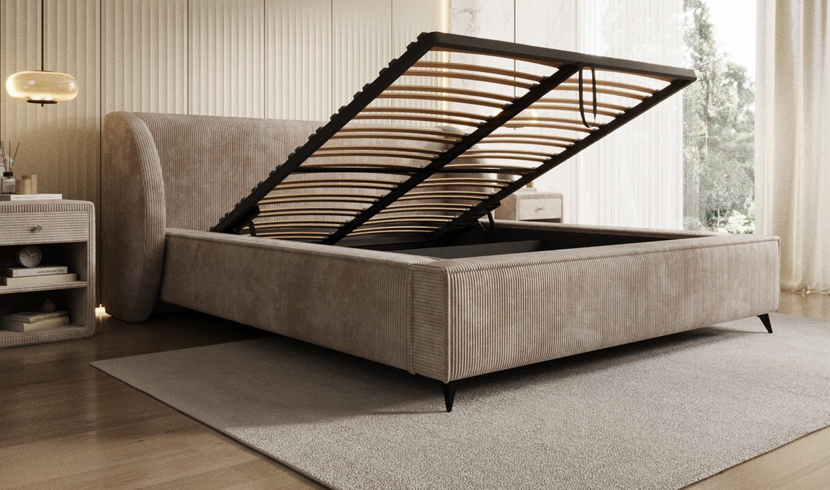 Designer-Polsterbett Freya Cord mat Späicherplaz