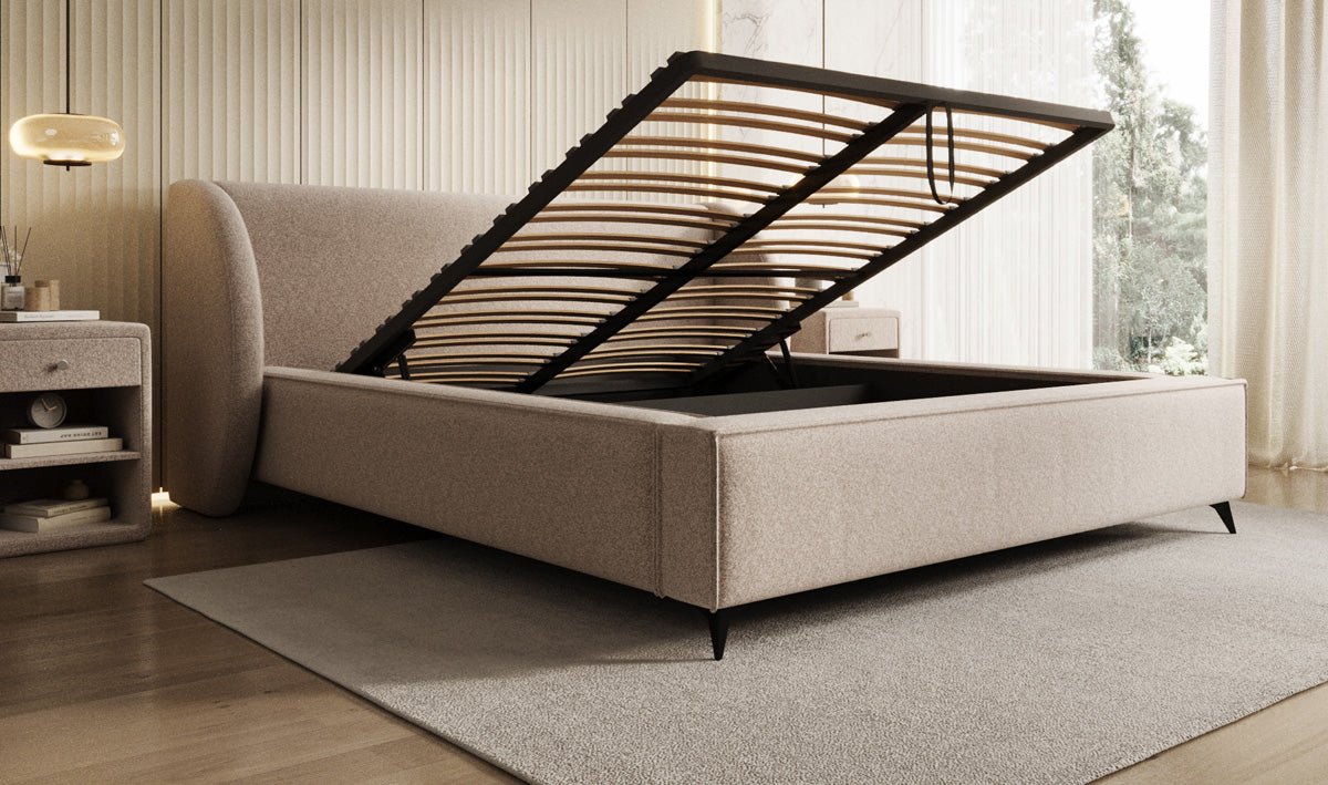 Designer-Polsterbett Freya aus Strukturstoff mat Stauraum