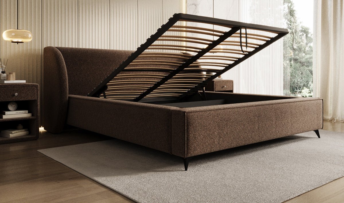 Designer-Polsterbett Freya aus Strukturstoff mat Stauraum