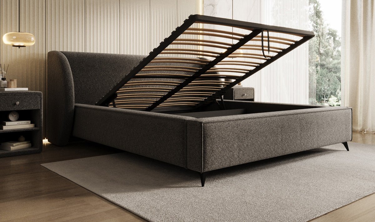 Designer-Polsterbett Freya aus Strukturstoff mat Stauraum