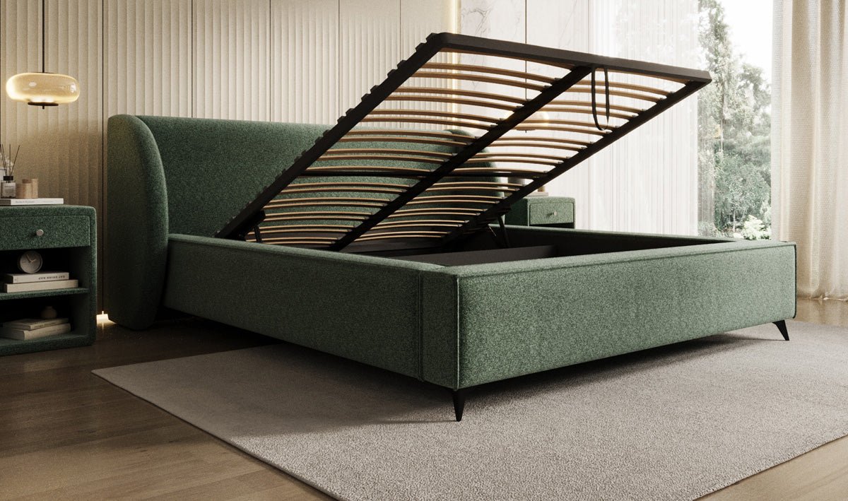 Designer-Polsterbett Freya aus Strukturstoff mat Stauraum