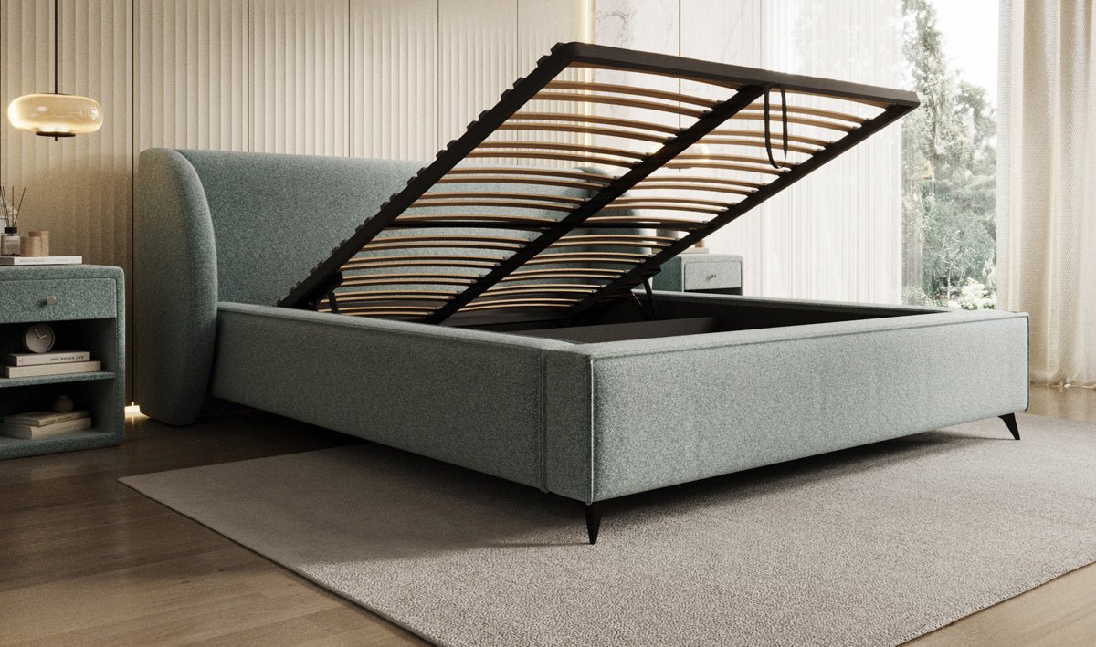 Designer-Polsterbett Freya aus Strukturstoff mat Stauraum