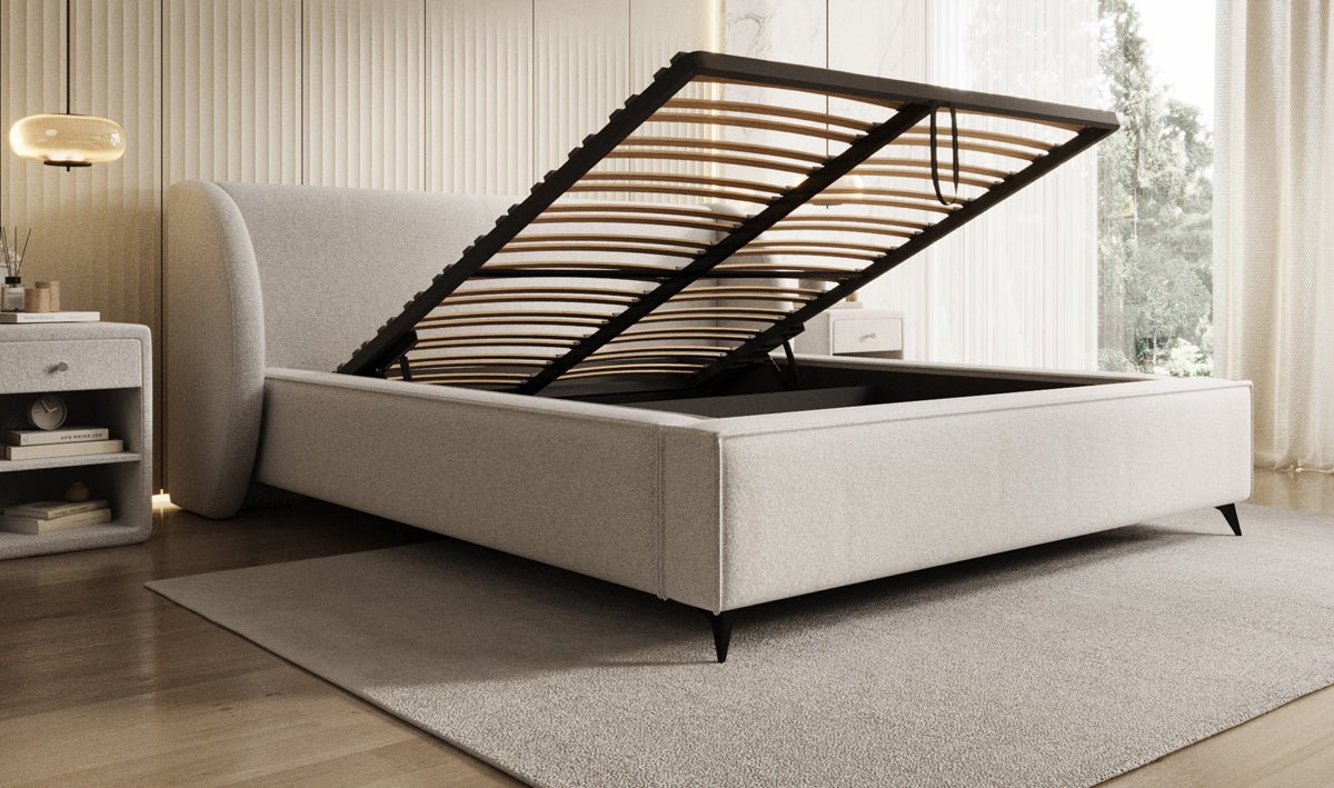 Designer-Polsterbett Freya aus Strukturstoff mat Stauraum