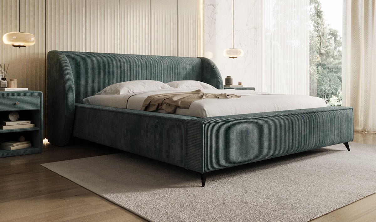Designer-Polsterbett Freya Cord mat Späicherplaz