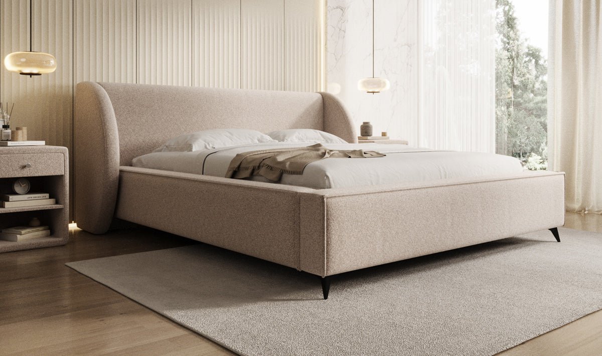 Designer-Polsterbett Freya aus Strukturstoff mat Stauraum