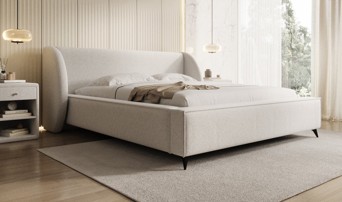 Designer-Polsterbett Freya aus Strukturstoff mat Stauraum
