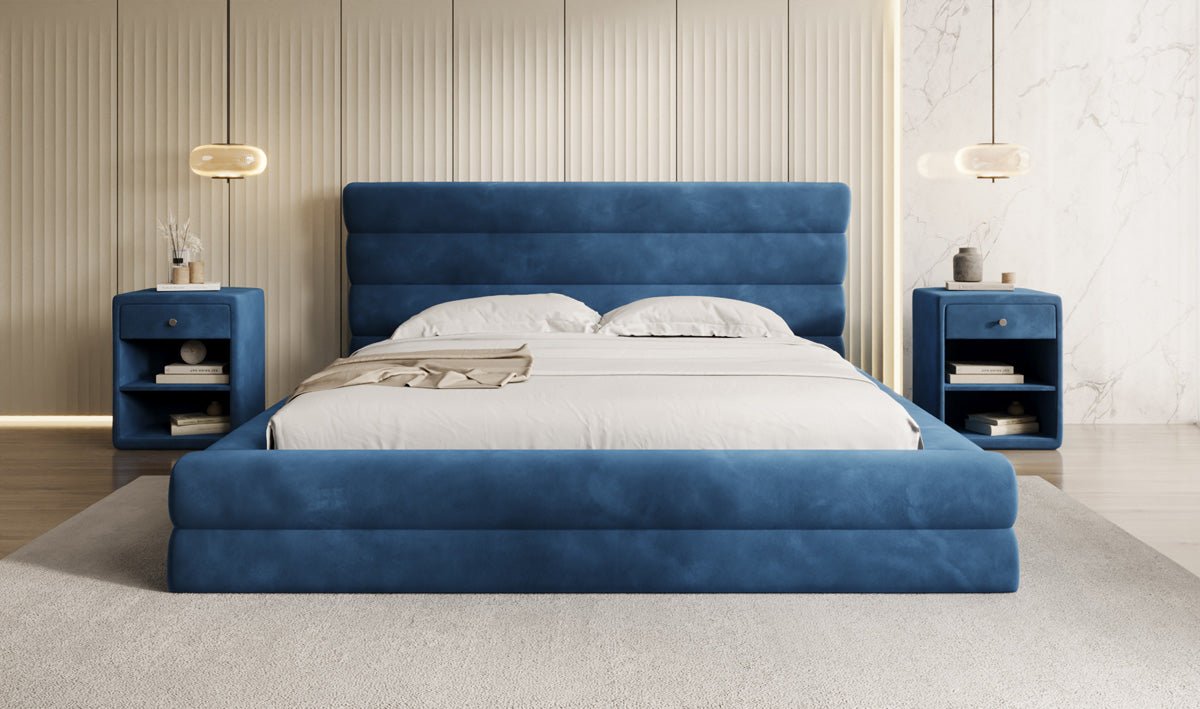 Designer-Polsterbett Maren aus Samett mat Stauraum