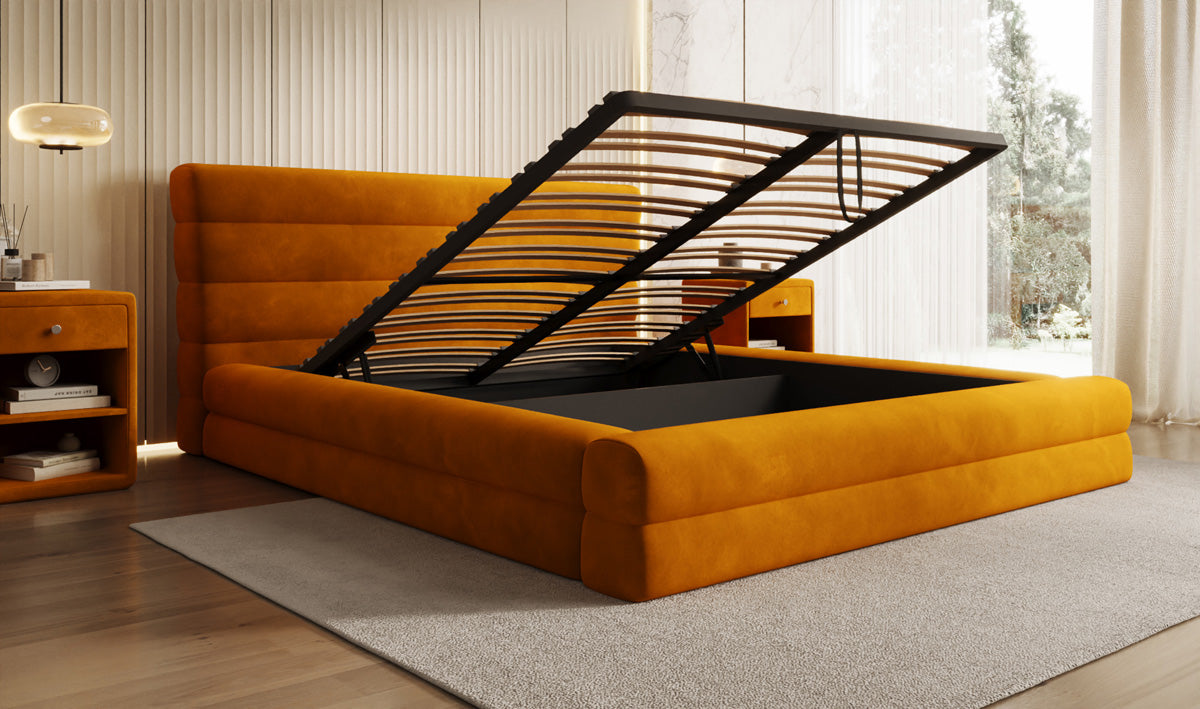 Designer Polsterbett Maren in Samt mit Stauraum