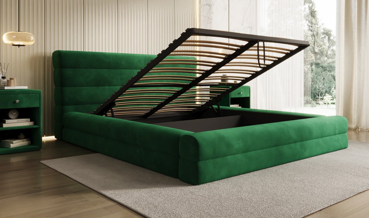 Designer-Polsterbett Maren aus Samett mat Stauraum