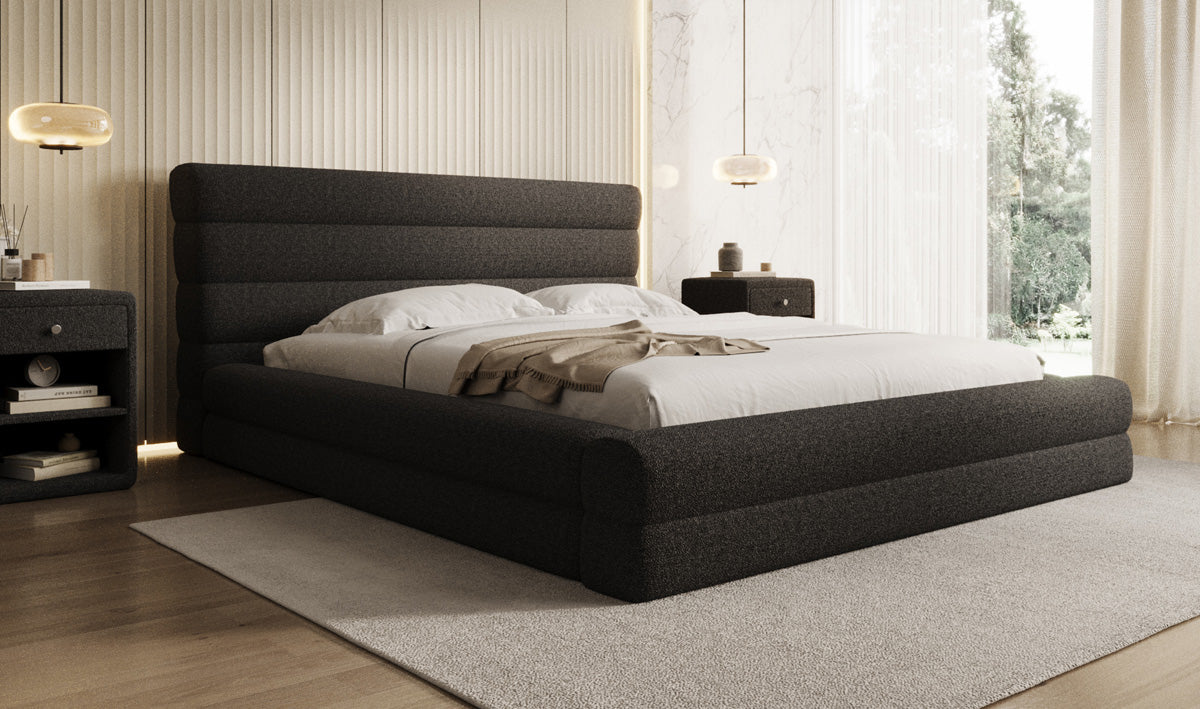 Designer-Polsterbett Maren am Teddy-Bouclé mat Stauraum