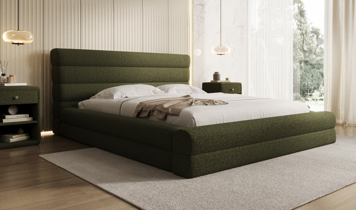 Designer-Polsterbett Maren am Teddy-Bouclé mat Stauraum