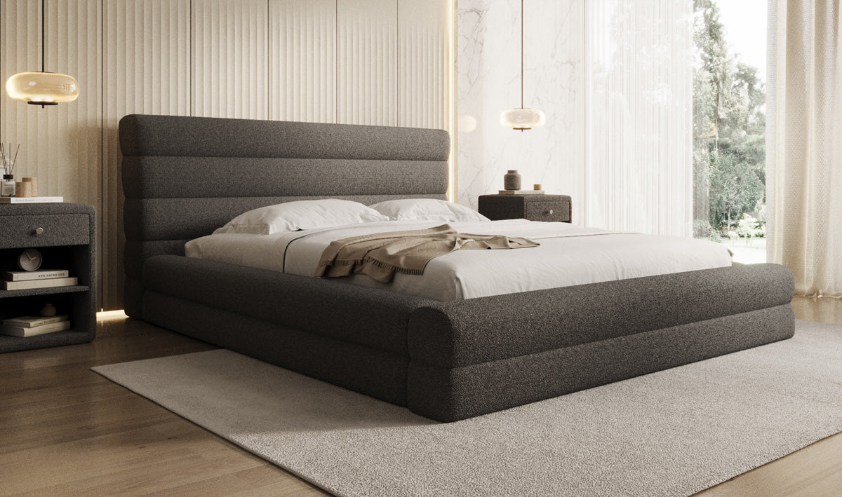 Designer-Polsterbett Maren am Teddy-Bouclé mat Stauraum