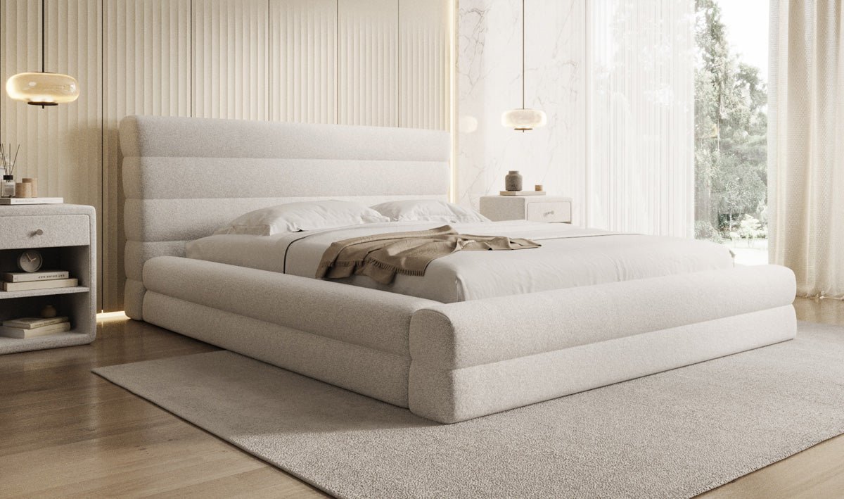 Designer Polsterbett Maren in Strukturstoff mit Stauraum