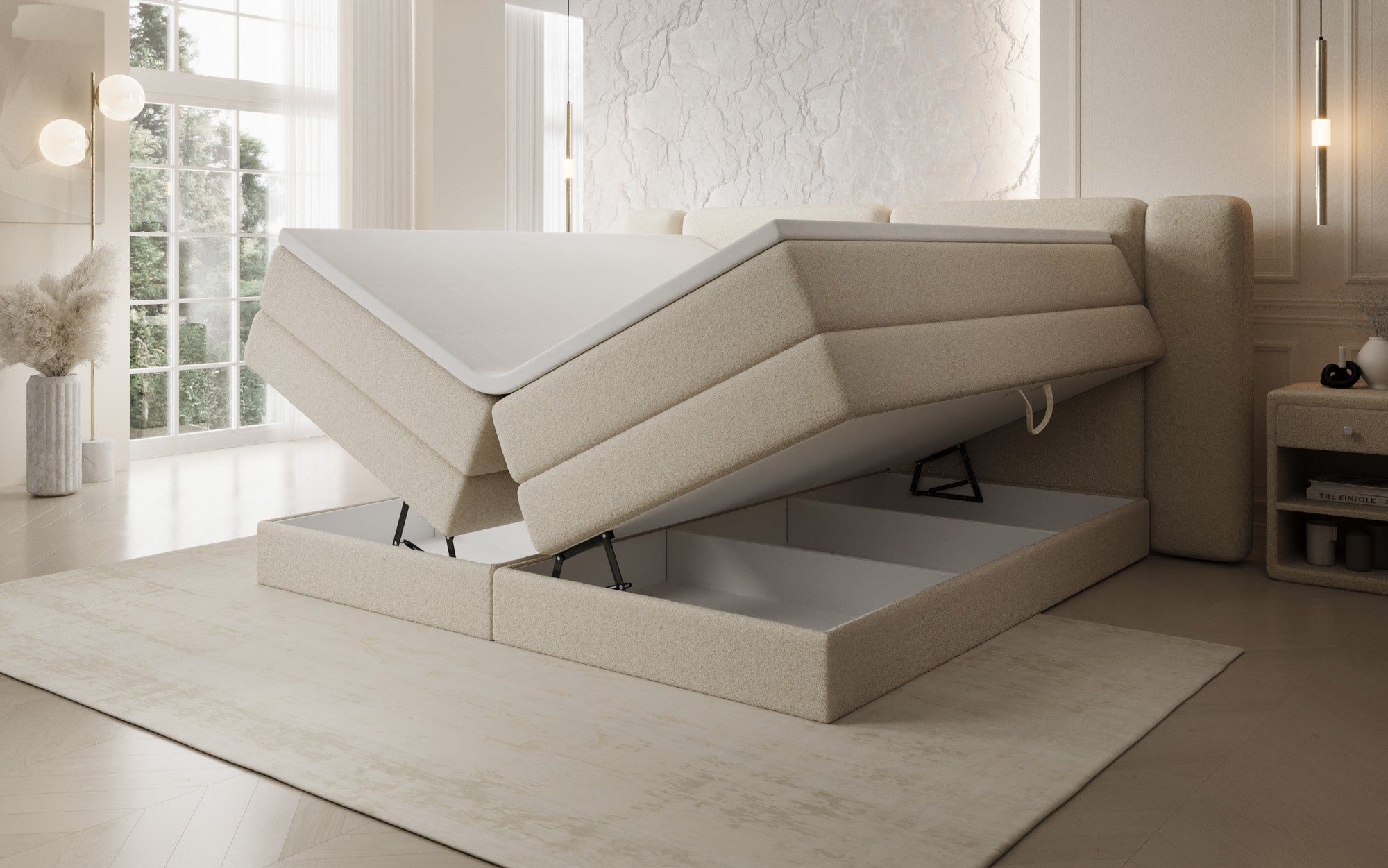 Boxspringbett Leni mit hochklappbarem Stauraum in Teddy Bouclé