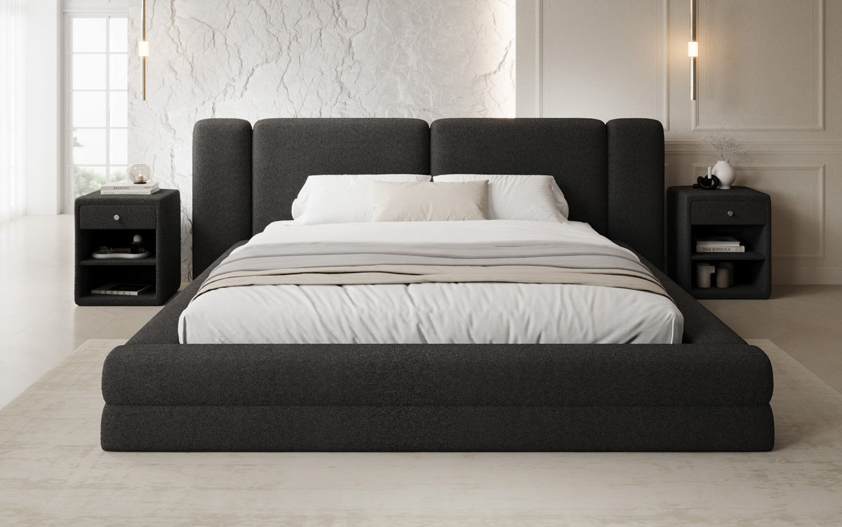 Designer-Polsterbett Theresa aus Teddy-Bouclé mat Stauraum