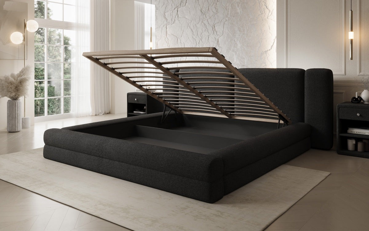 Designer-Polsterbett Theresa aus Teddy-Bouclé mat Stauraum