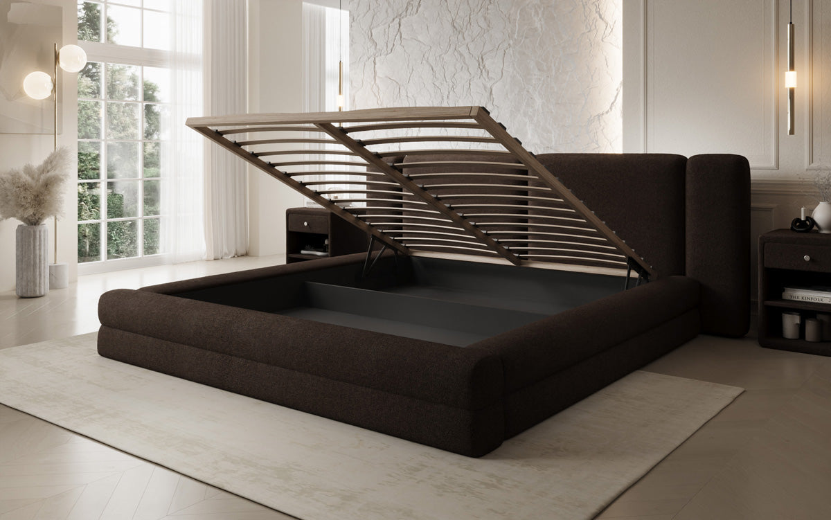Designer-Polsterbett Theresa aus Teddy-Bouclé mat Stauraum