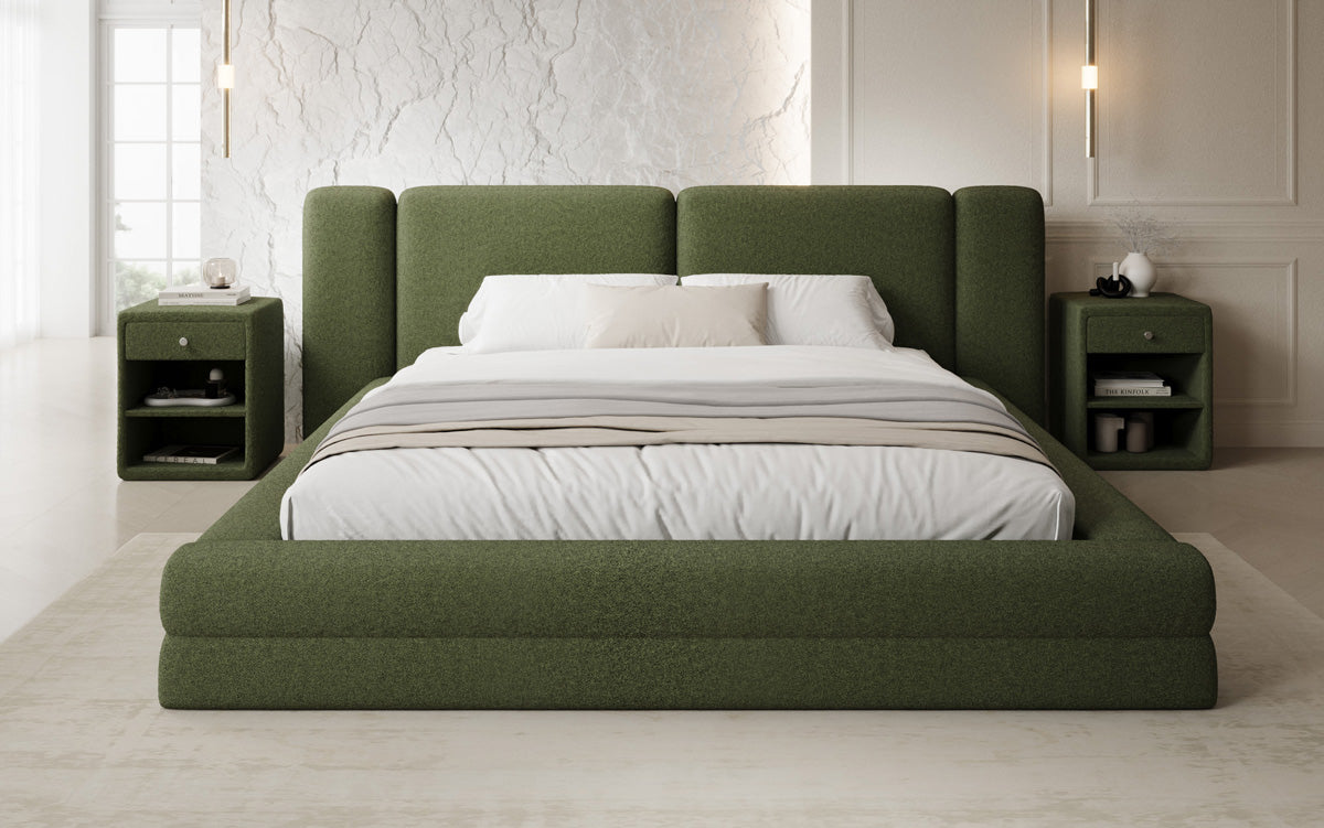 Designer-Polsterbett Theresa aus Teddy-Bouclé mat Stauraum
