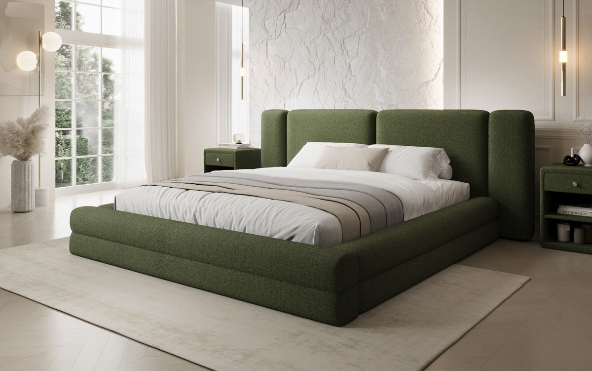 Designer-Polsterbett Theresa aus Teddy-Bouclé mat Stauraum