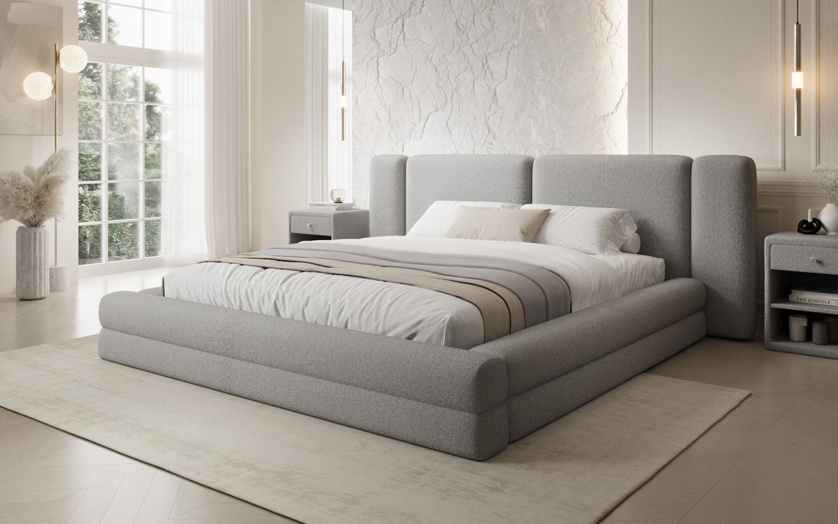 Designer-Polsterbett Theresa aus Teddy-Bouclé mat Stauraum