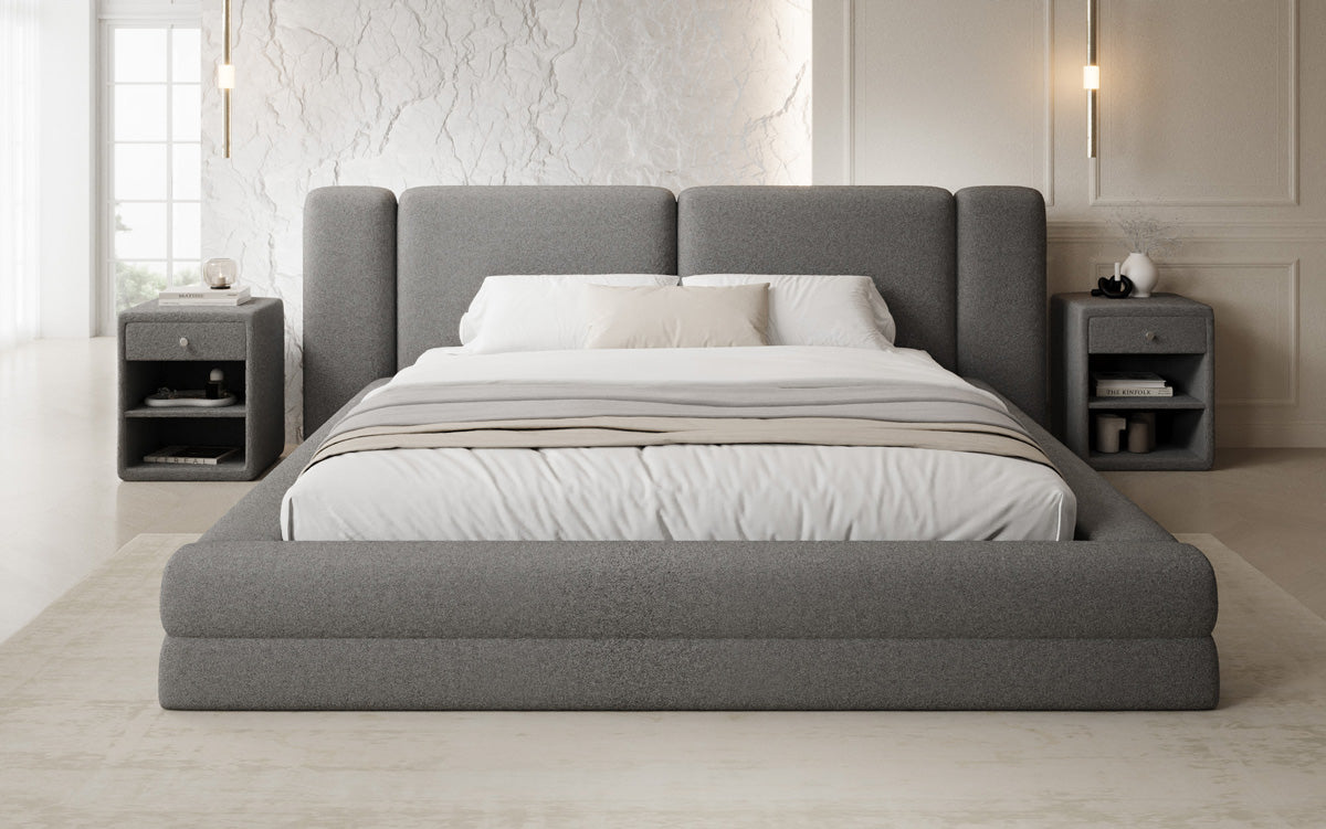 Designer-Polsterbett Theresa aus Teddy-Bouclé mat Stauraum