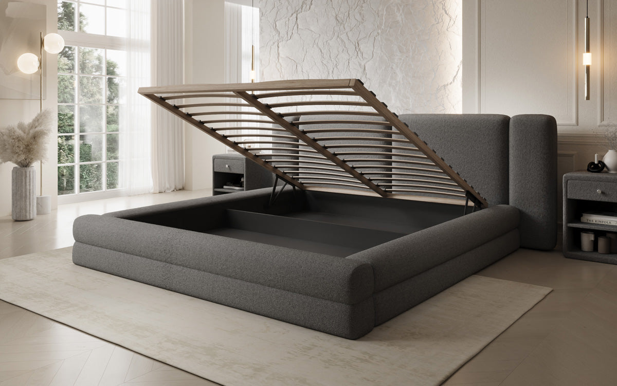 Designer-Polsterbett Theresa aus Teddy-Bouclé mat Stauraum