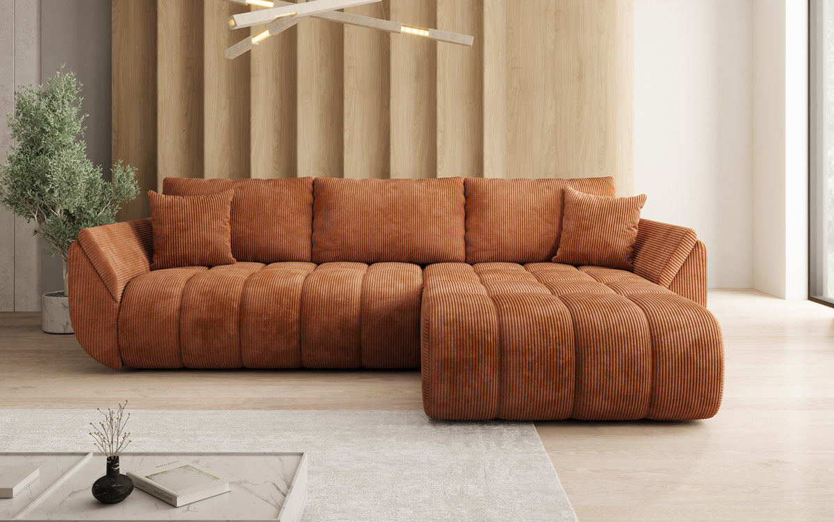 Designer-Sofa Lenoa L mat Schloffunktioun a Stauraum a Cord