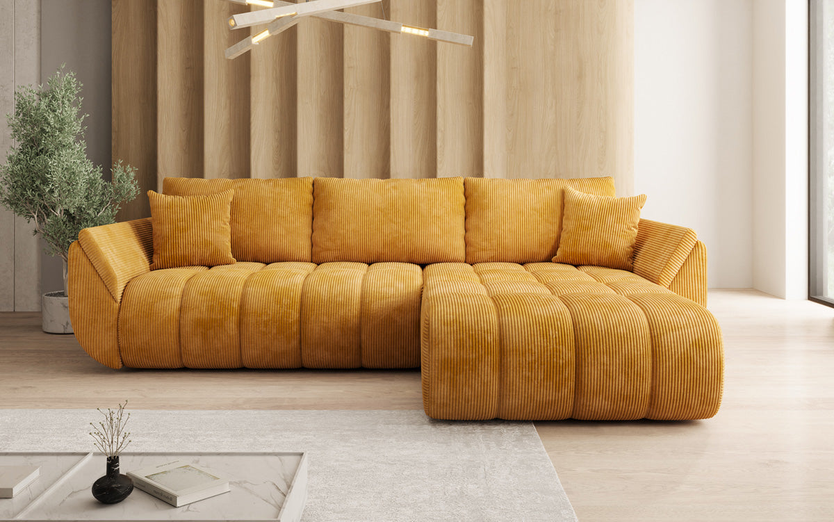 Designer-Sofa Lenoa L mat Schloffunktioun a Stauraum a Cord