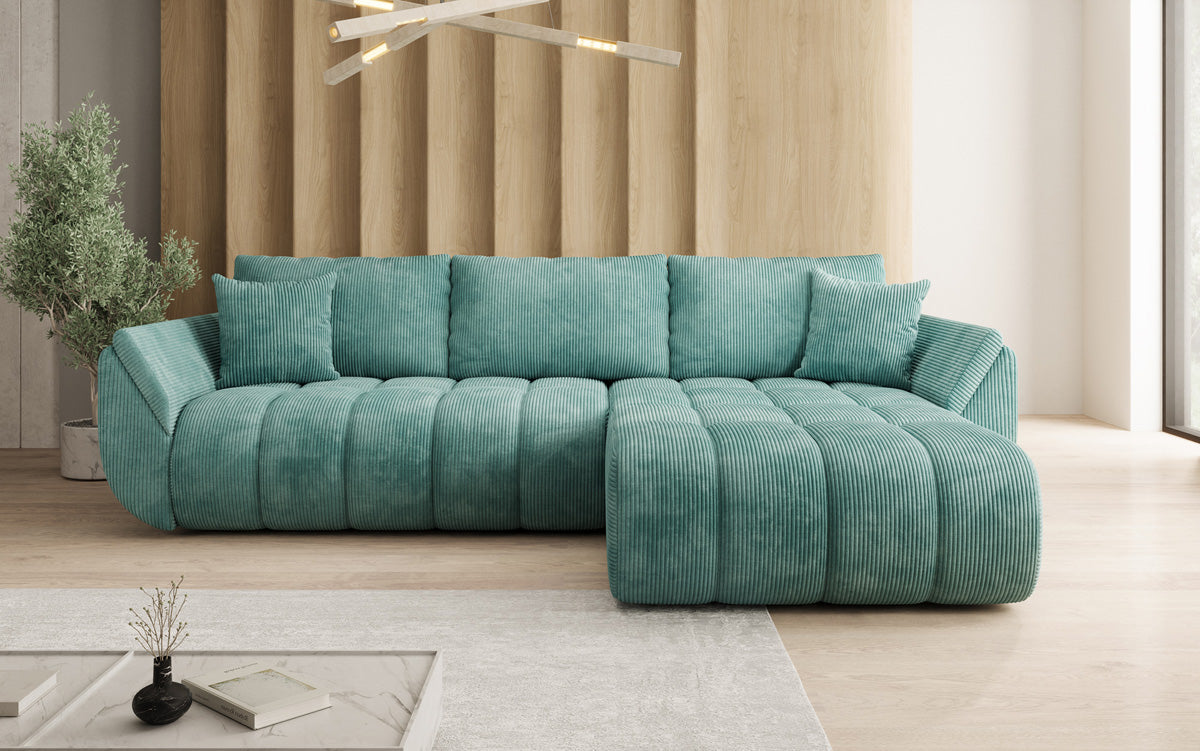 Designer-Sofa Lenoa L mat Schloffunktioun a Stauraum a Cord