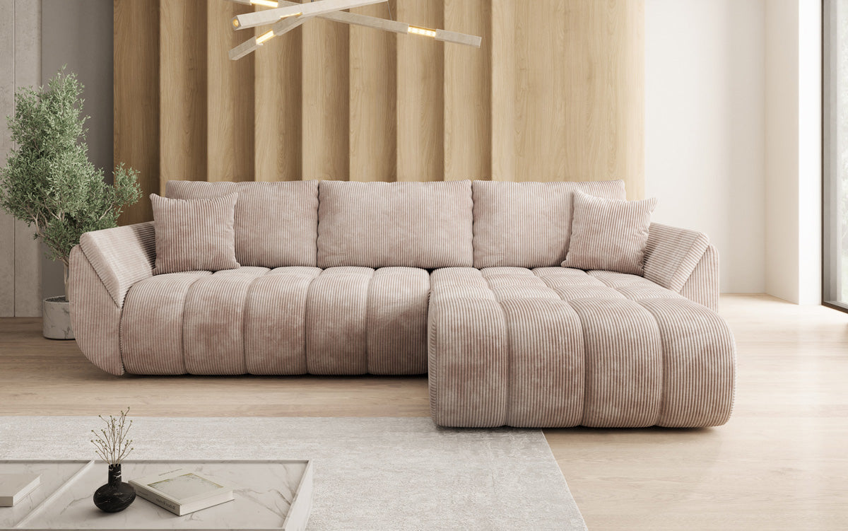 Designer-Sofa Lenoa L mat Schloffunktioun a Stauraum a Cord