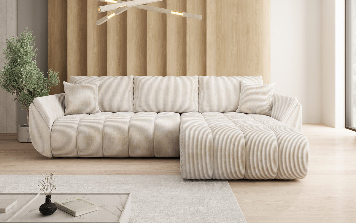 Designer-Sofa Lenoa L mat Schloffunktioun a Stauraum a Cord