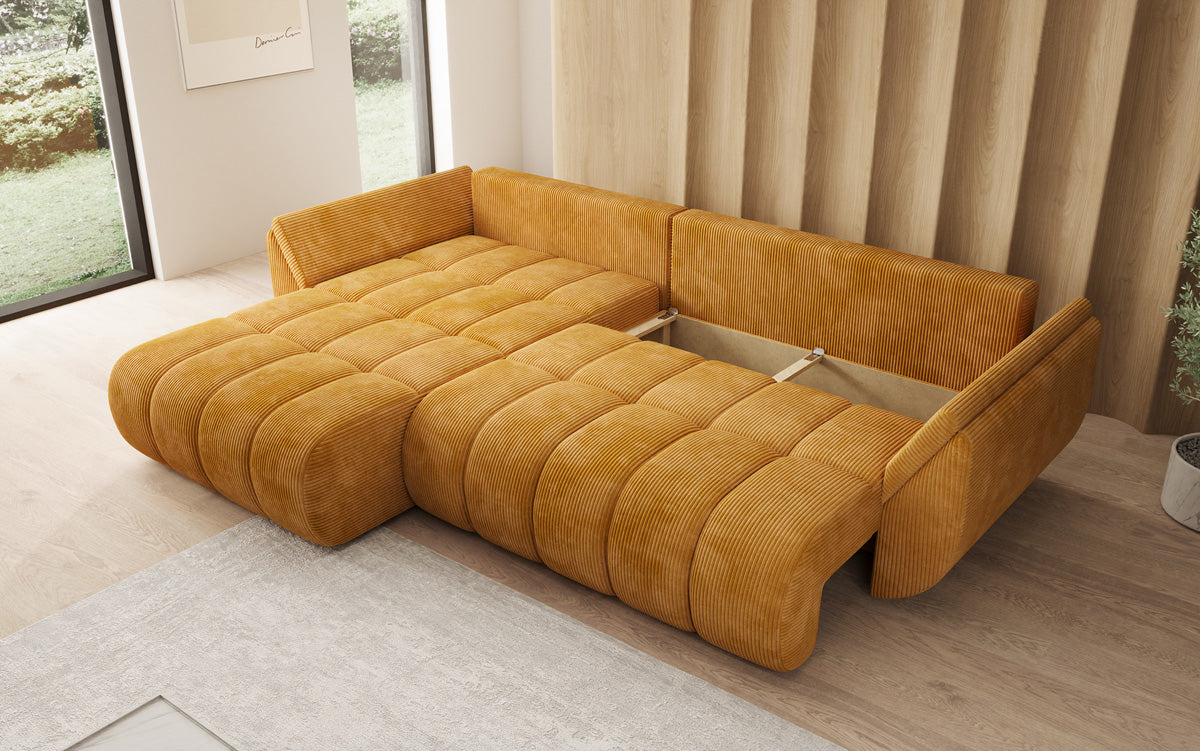 Designer-Sofa Lenoa L mat Schloffunktioun a Stauraum a Cord