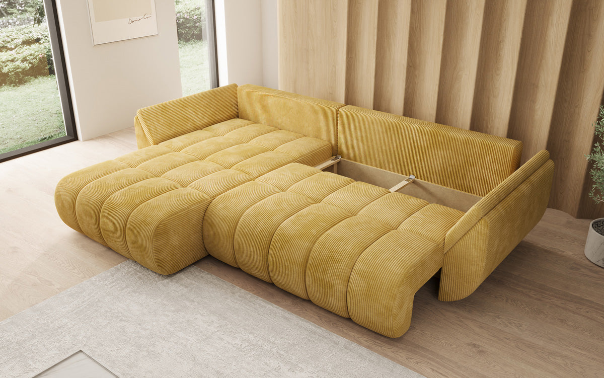 Designer-Sofa Lenoa L mat Schloffunktioun a Stauraum a Cord