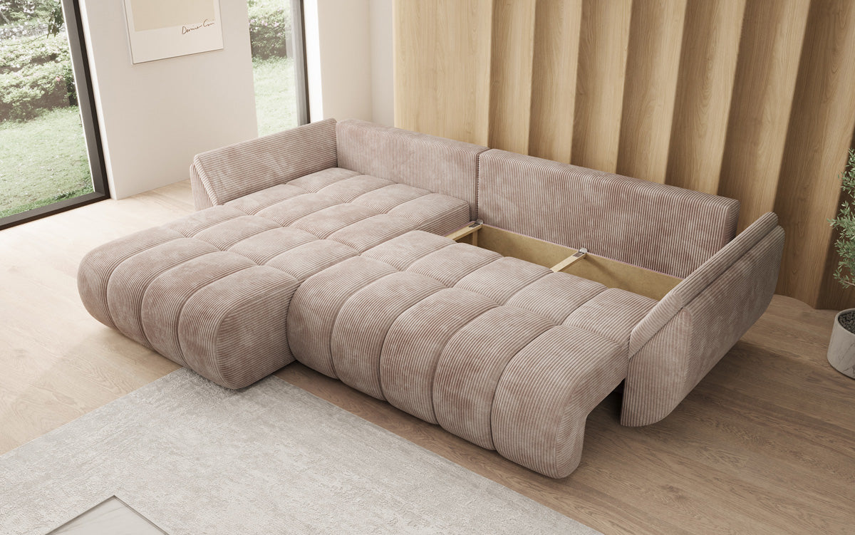 Designer-Sofa Lenoa L mat Schloffunktioun a Stauraum a Cord