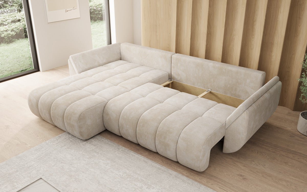 Designer-Sofa Lenoa L mat Schloffunktioun a Stauraum a Cord