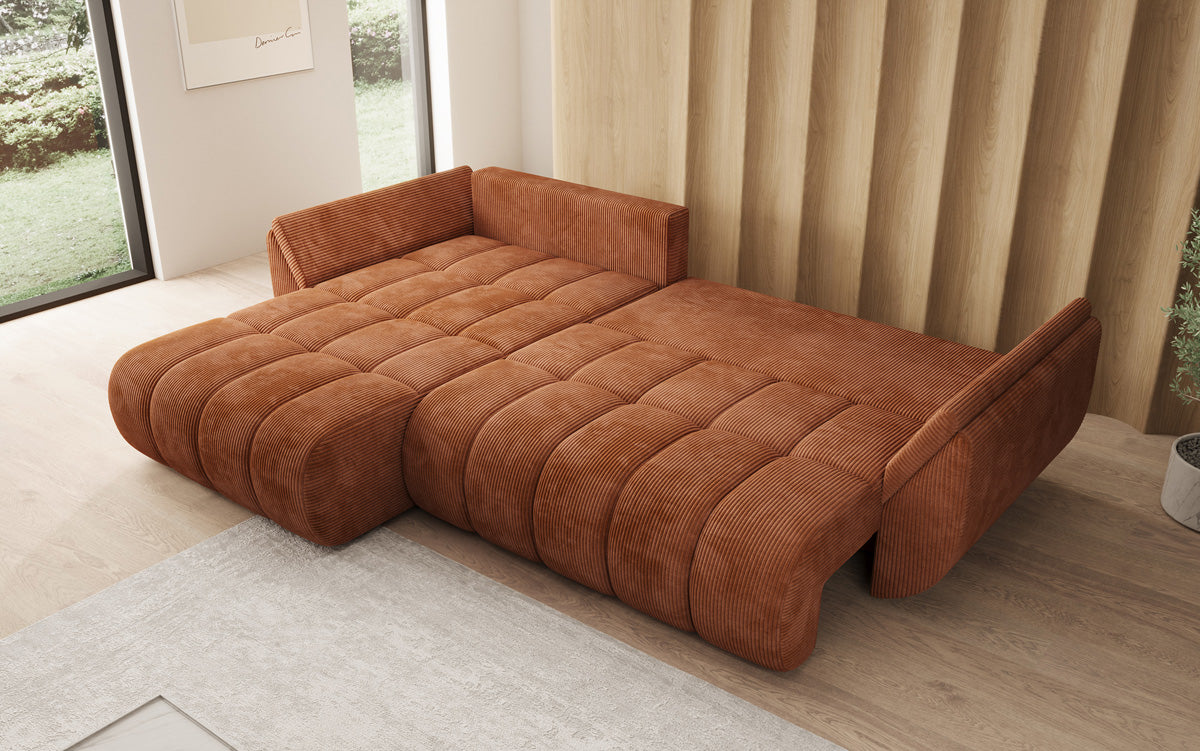 Designer-Sofa Lenoa L mat Schloffunktioun a Stauraum a Cord