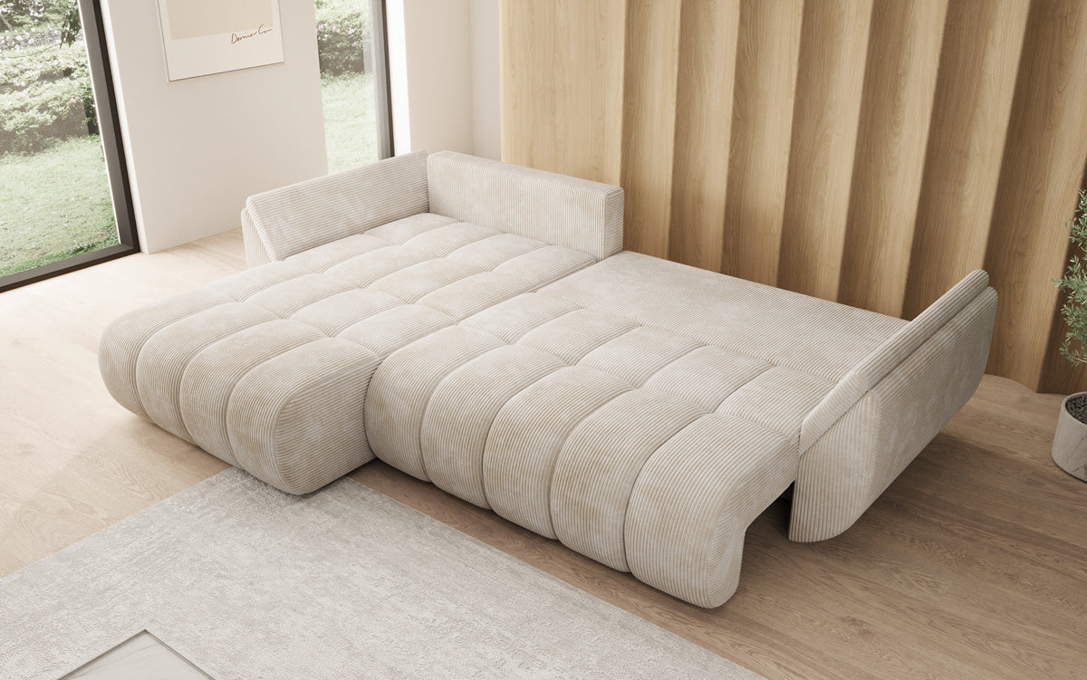 Designer-Sofa Lenoa L mat Schloffunktioun a Stauraum a Cord