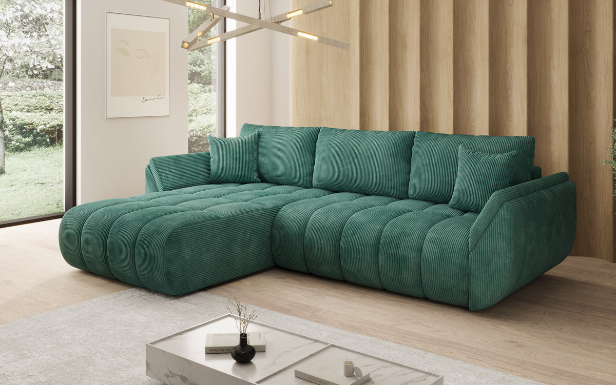 Designer-Sofa Lenoa L mat Schloffunktioun a Stauraum a Cord