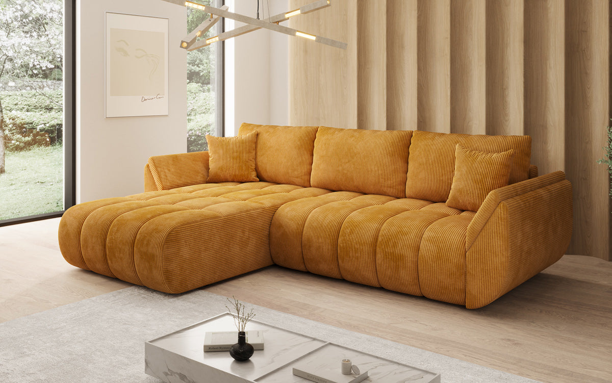 Designer-Sofa Lenoa L mat Schloffunktioun a Stauraum a Cord