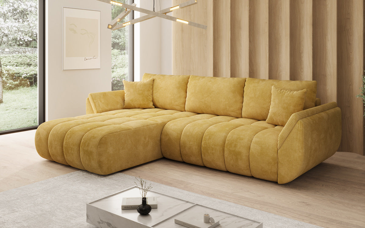 Designer-Sofa Lenoa L mat Schloffunktioun a Stauraum a Cord