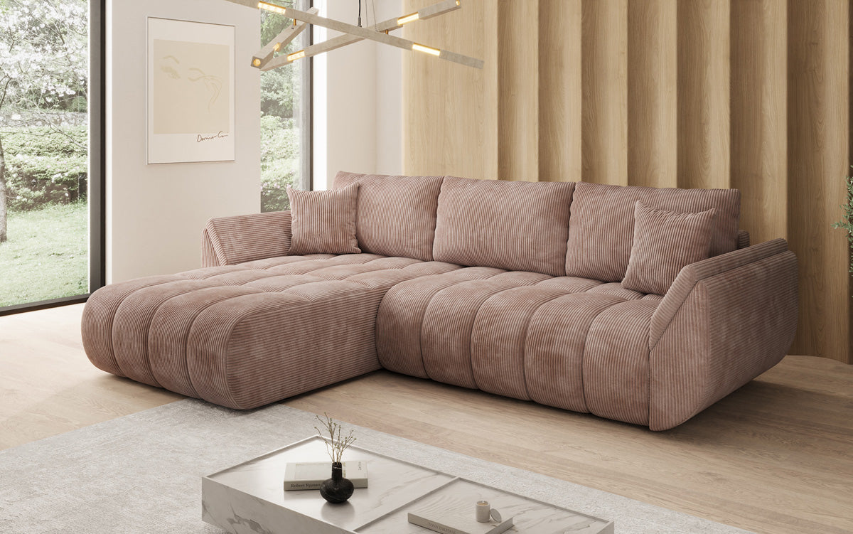 Designer-Sofa Lenoa L mat Schloffunktioun a Stauraum a Cord