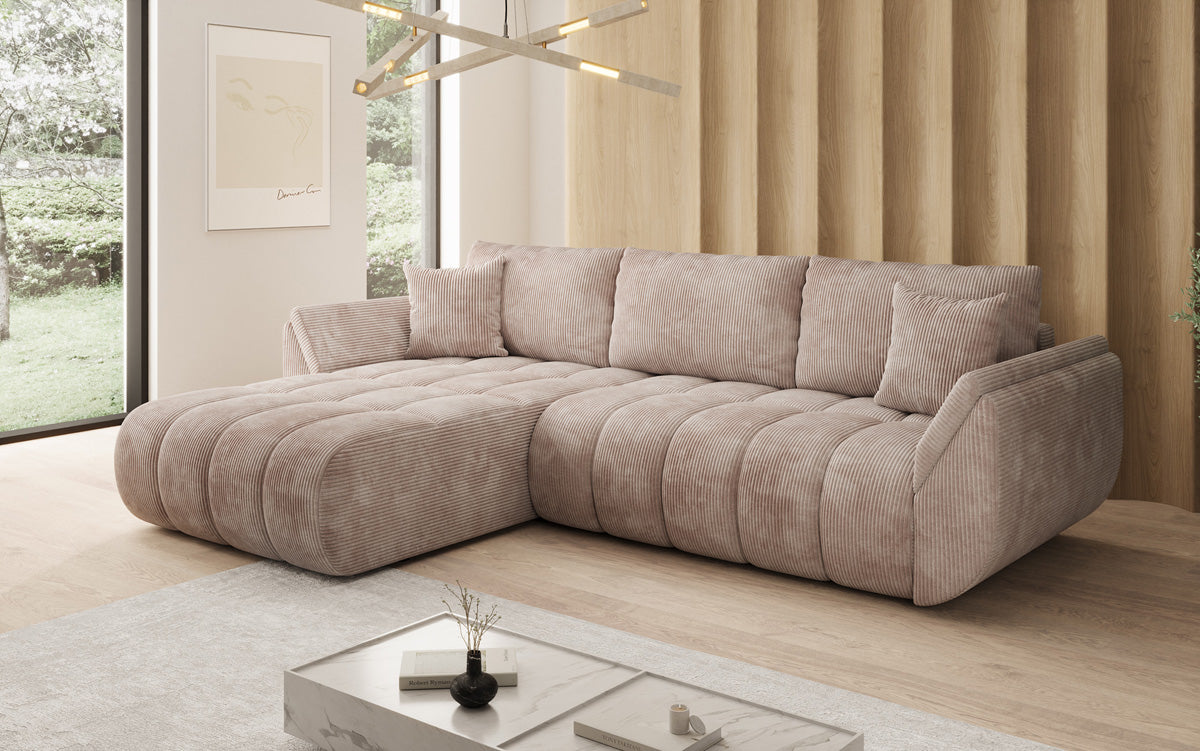 Designer-Sofa Lenoa L mat Schloffunktioun a Stauraum a Cord