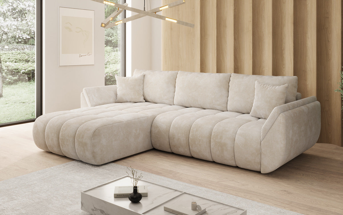 Designer-Sofa Lenoa L mat Schloffunktioun a Stauraum a Cord