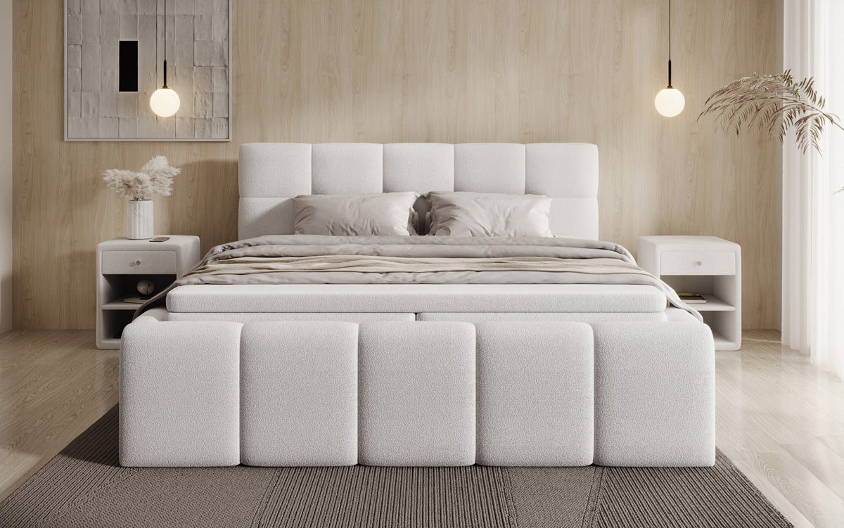 Designer-Polsterbett Romy aus Teddy-Bouclé mat Stauraum inkl. Matrassen