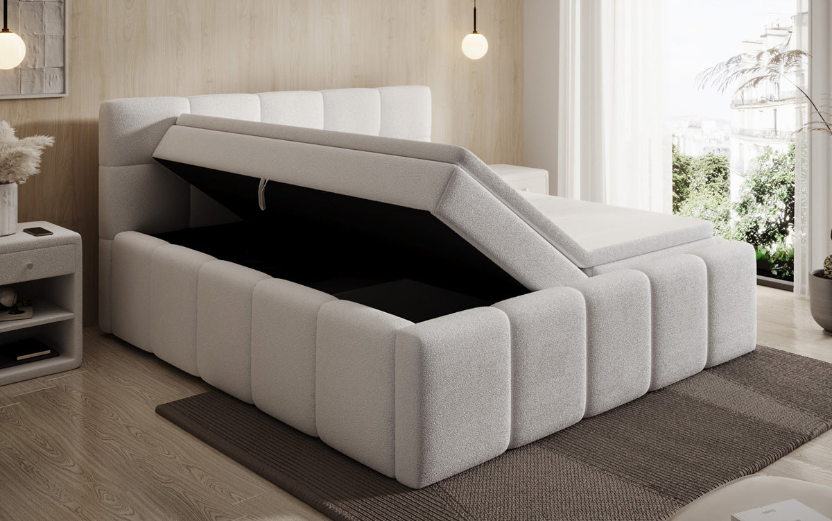 Designer-Polsterbett Romy aus Teddy-Bouclé mat Stauraum inkl. Matrassen