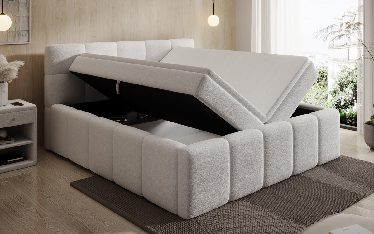 Designer-Polsterbett Romy aus Teddy-Bouclé mat Stauraum inkl. Matrassen