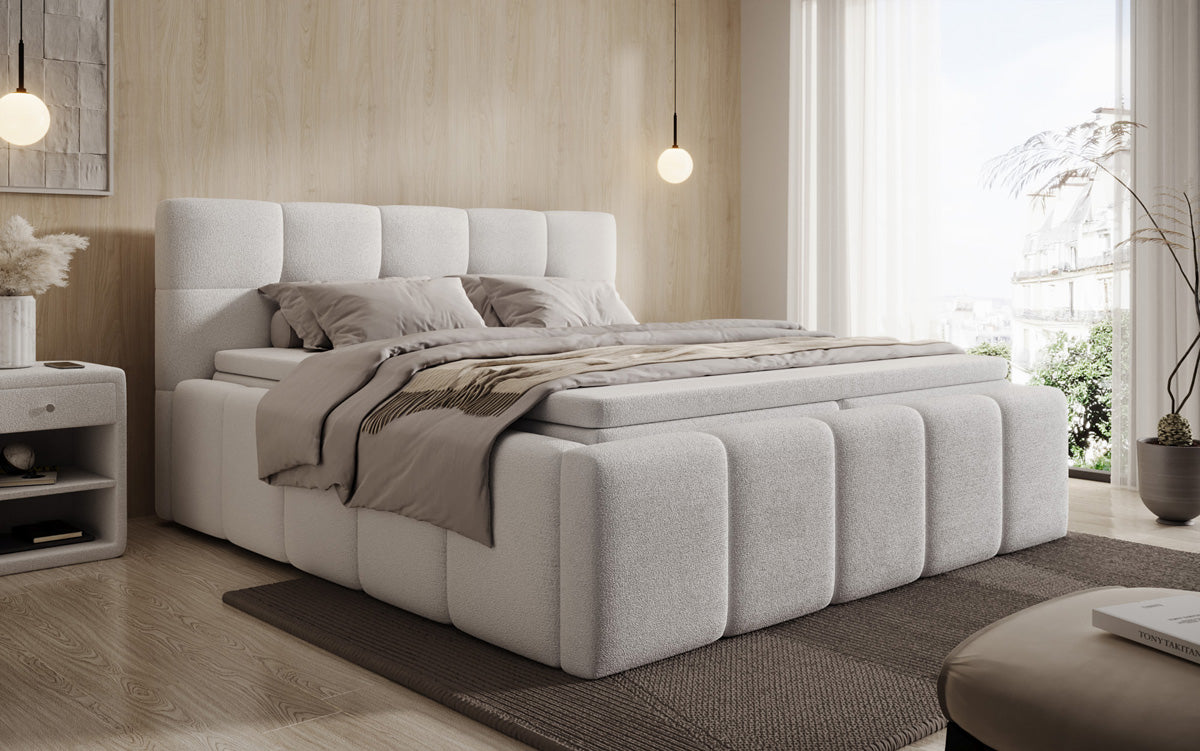 Designer-Polsterbett Romy aus Teddy-Bouclé mat Stauraum inkl. Matrassen