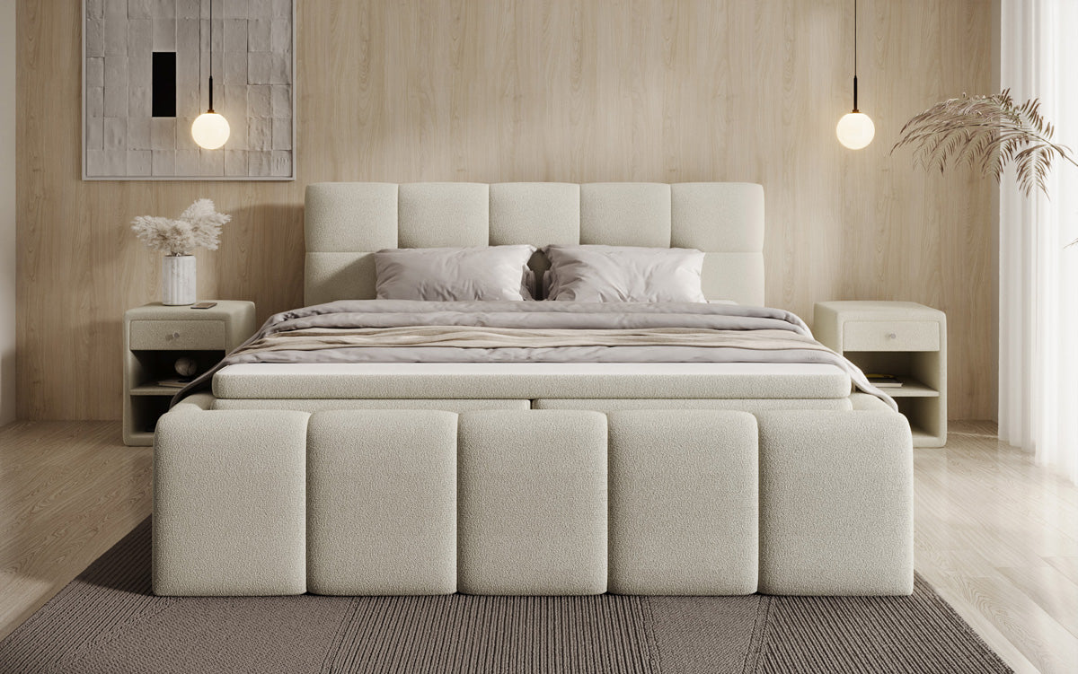 Designer-Polsterbett Romy aus Teddy-Bouclé mat Stauraum inkl. Matrassen