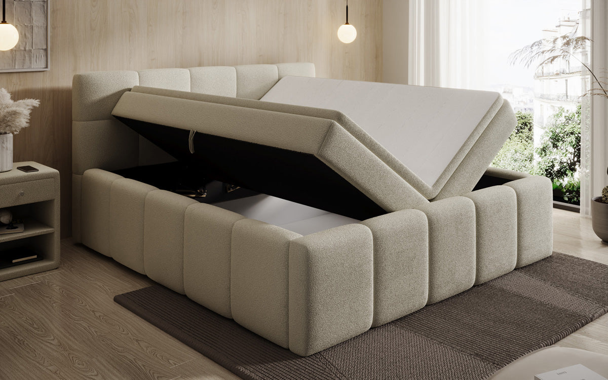 Designer-Polsterbett Romy aus Teddy-Bouclé mat Stauraum inkl. Matrassen